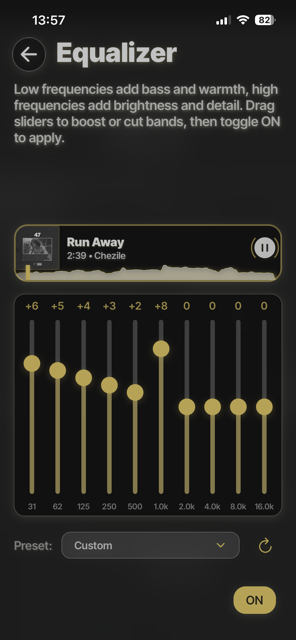 Beat Bazaar equalizer screen with 10 frequency band sliders and preset selector