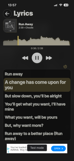 Beat Bazaar lyrics screen with synced highlighted lyrics and mini player