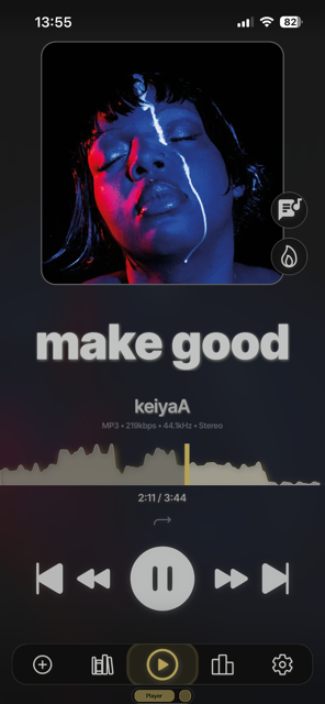 Beat Bazaar player screen showing album artwork, waveform visualization, and playback controls